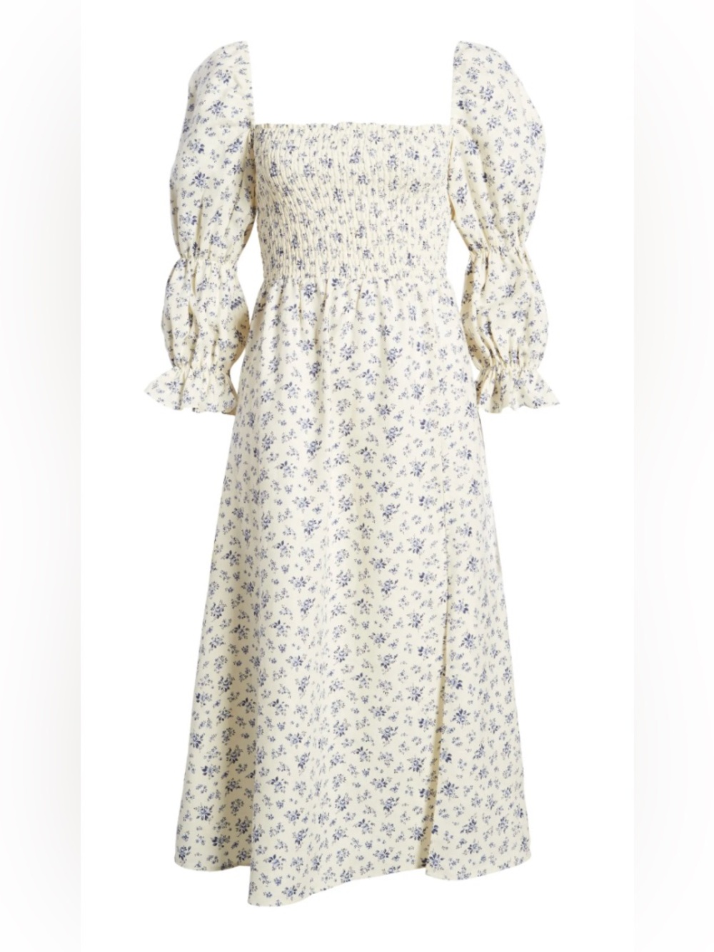 REFORMATION linen Floral Smocked Midi Dress in Cream and Blue
